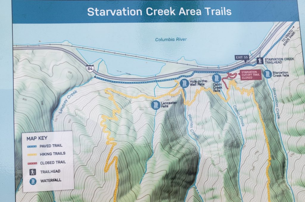 Map of the Starvation Creek trails and locations of the unique waterfalls in the area.